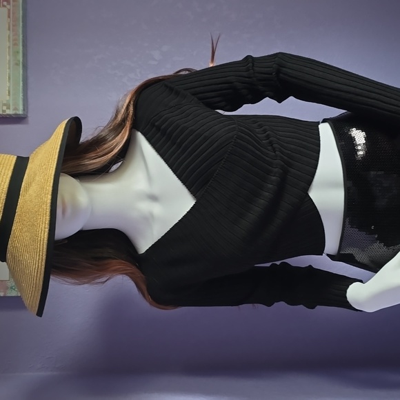 CROPPED TOP RIBBED V NECK OPEN WRAP LONG SLEEVES PULLOVER SEXY STRETCH SMALL - Picture 1 of 3